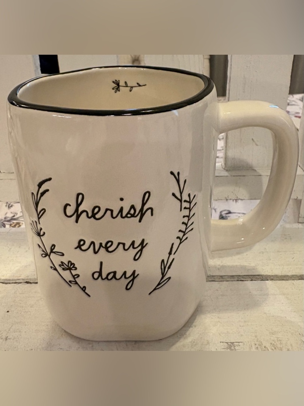 Rae Dunn White Ceramic Mug with Black Script - Cherish Every Day